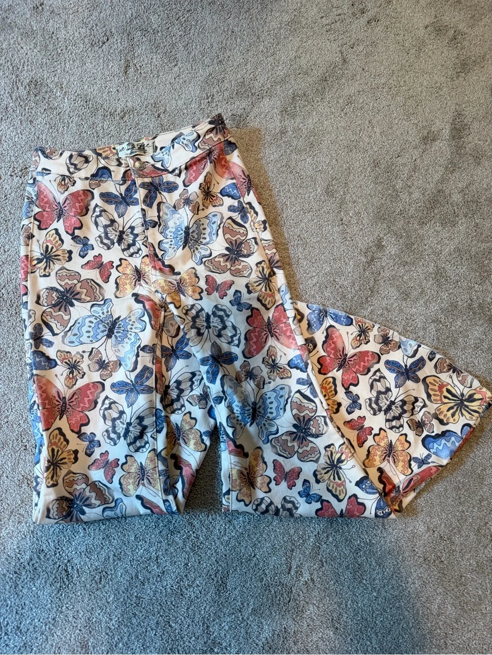 Free People Beige Floral Butterfly Print Boot Cut Flare Pants - Picture 3 of 3